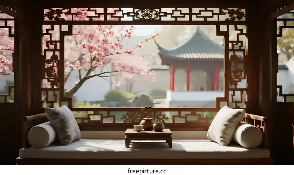 Traditional Chinese Garden Room with Cherry Blossom View