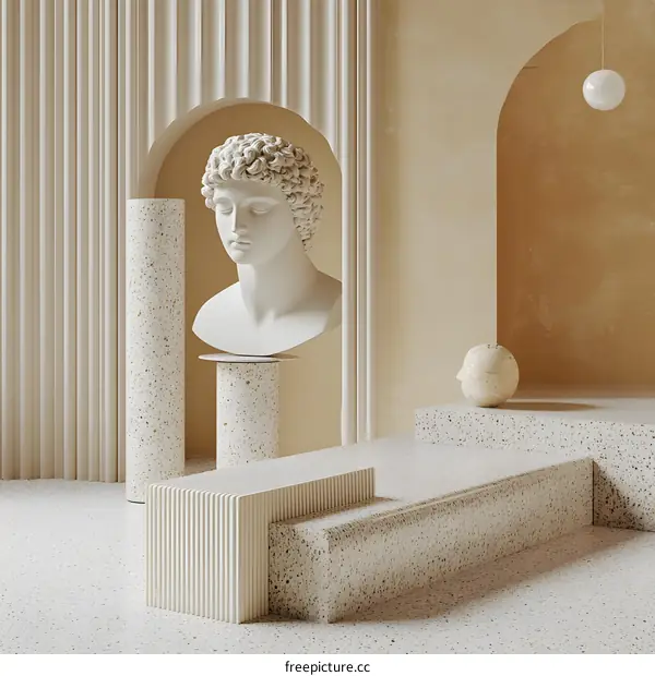Minimalist 3D Render of  a White Marble Bust on a Terrazzo Podium