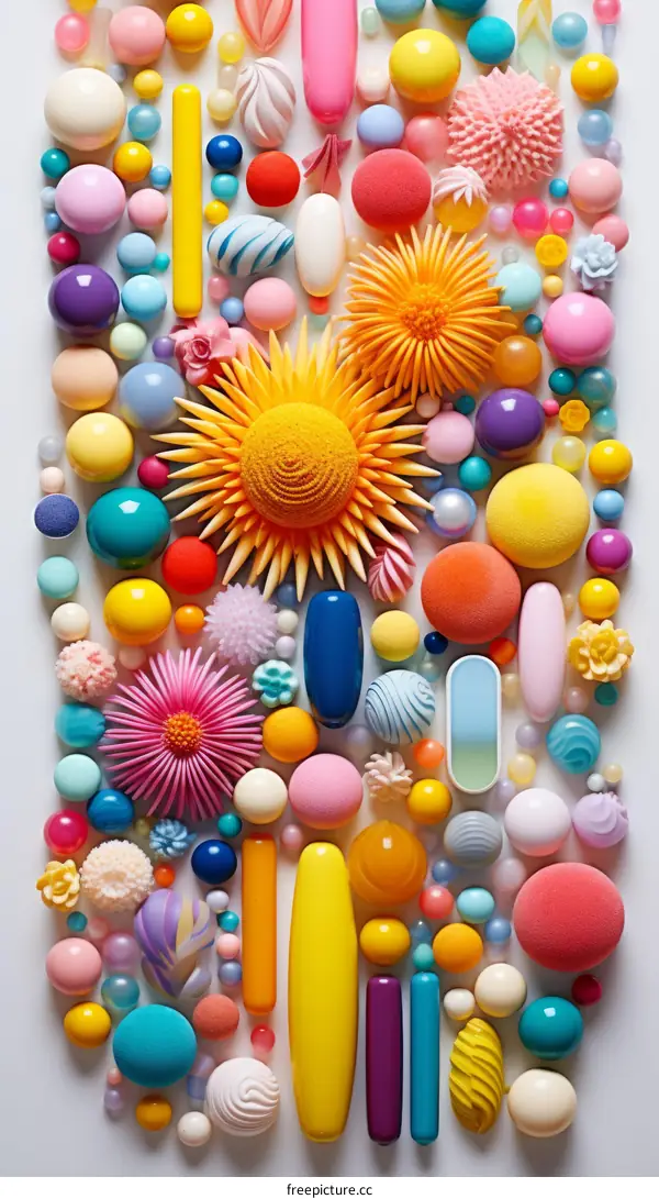 A colorful variety of 3D shapes and objects arranged in a grid pattern