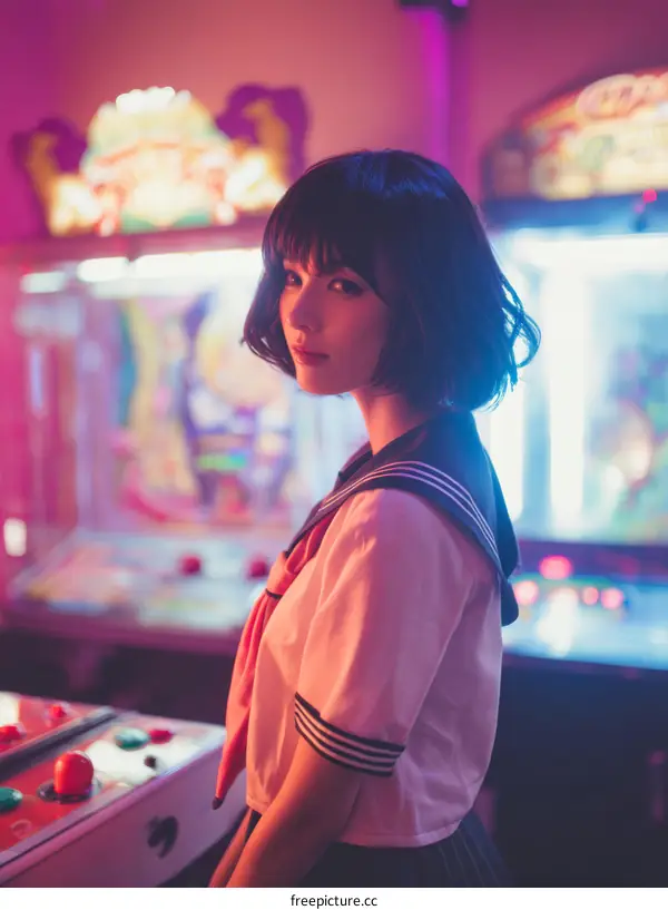 Asian Girl in a Sailor Outfit at an Arcade