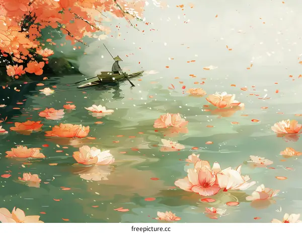 Tranquil River Scene with Peach Blossoms and Fisherman