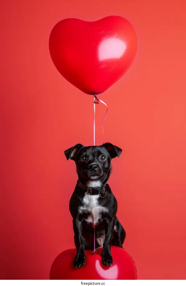 Small black dog posing with a red heart balloon