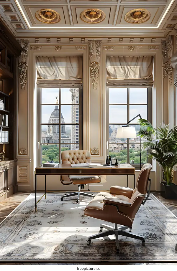 Luxury home office interior with large windows