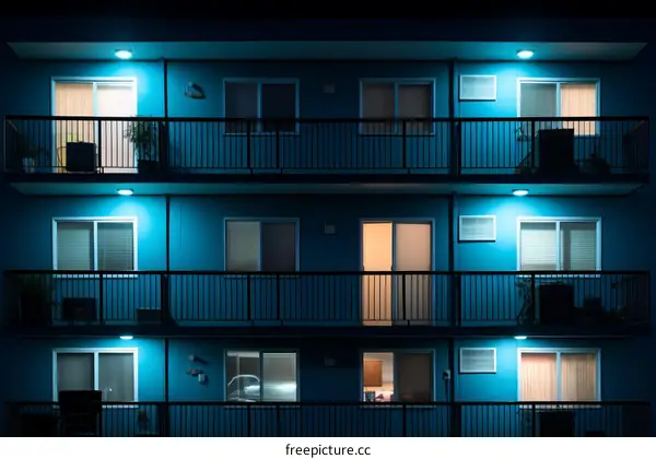 Blue apartment building at night
