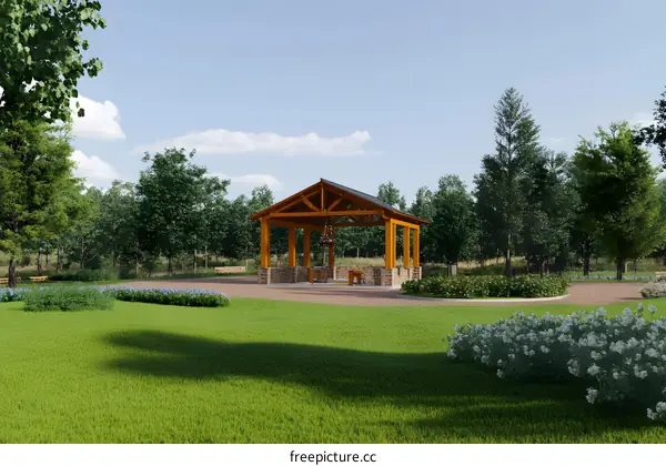 Wooden Gazebo with Stone Pillars in a Green Park