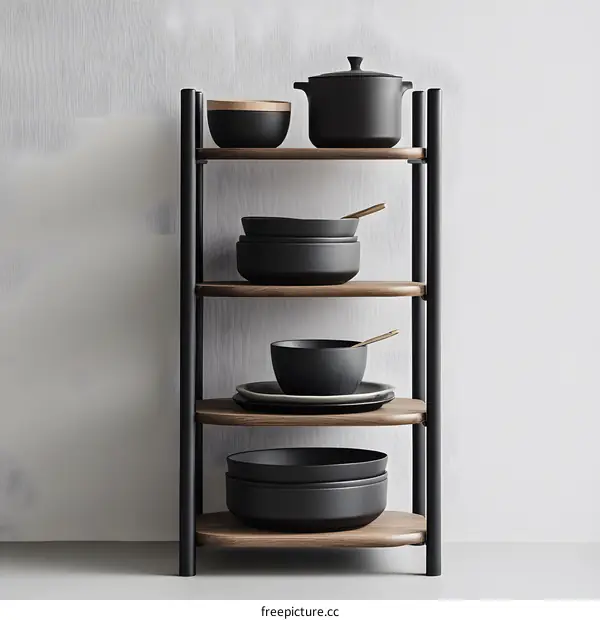 Black Ceramic Bowls and Pot on Wooden Shelf Unit