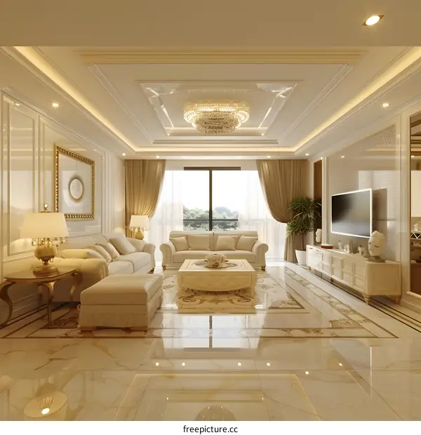 Bright and airy living room with marble floors and a crystal chandelier