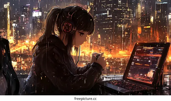 Rainy Night Cityscape with Young Woman