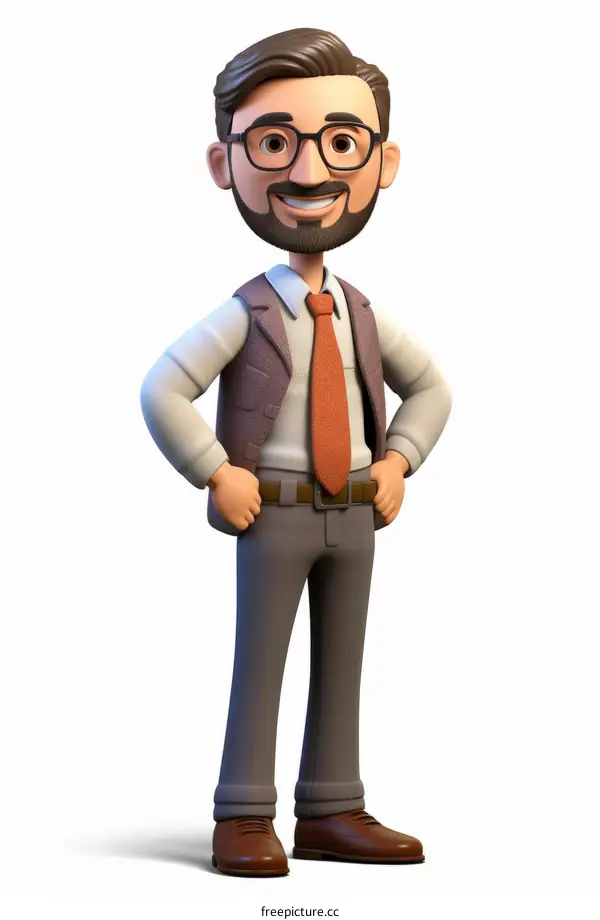 3D rendering of a man wearing glasses and a brown vest