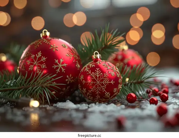 Red and Gold Christmas Ornaments with Pine Branch on Wooden Table