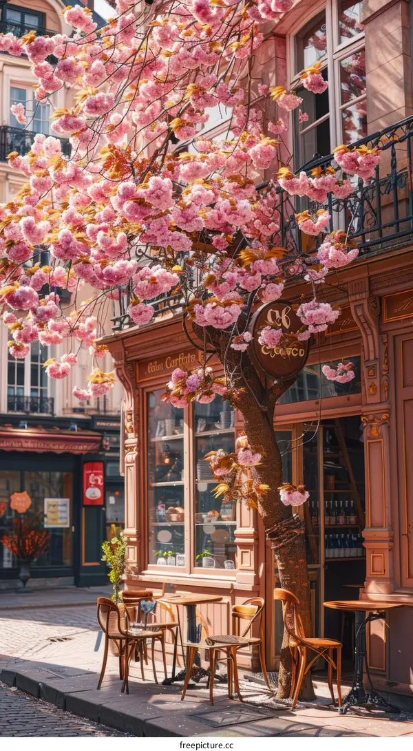 European-style buildings with pink cherry blossom trees in full bloom