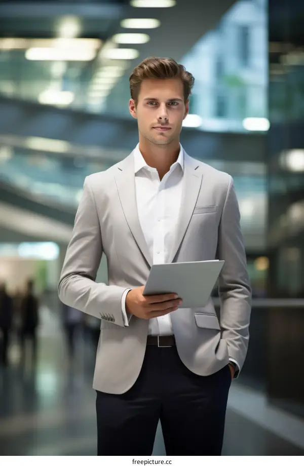 Young professional man in a suit holding a tablet
