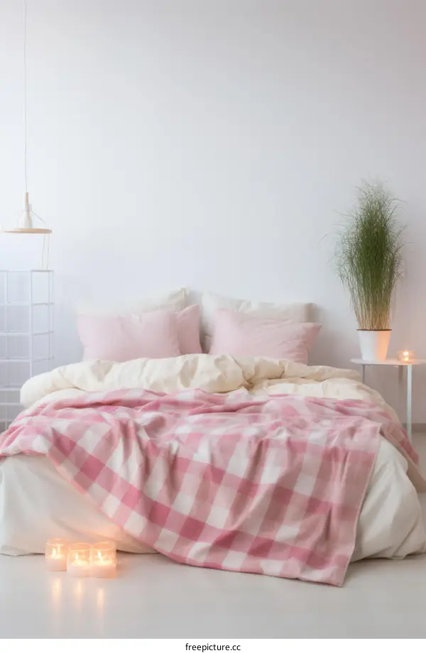 A cozy bedroom with a pink gingham blanket