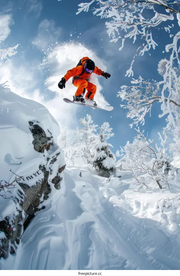 A snowboarder jumps off a cliff in the backcountry