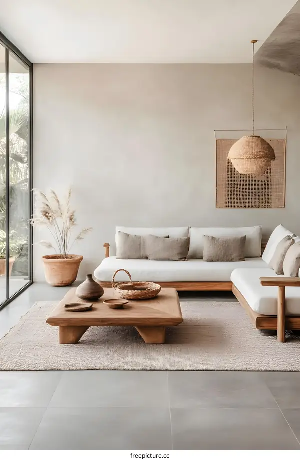 Minimalist Living Room Interior Design With Wooden Furniture and Natural Decor