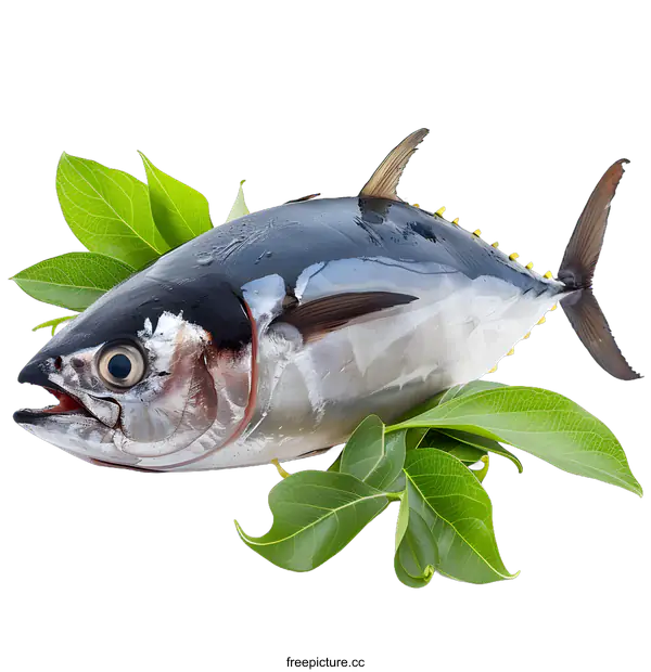 [Transparent Background PNG]Fresh Tuna Fish with Green Leaves
