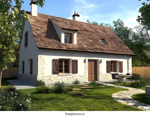 White Cottage with Brown Roof and Stone Walls