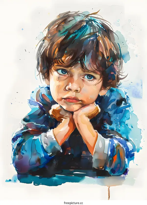 Watercolor Portrait of a Young Boy with Blue Eyes
