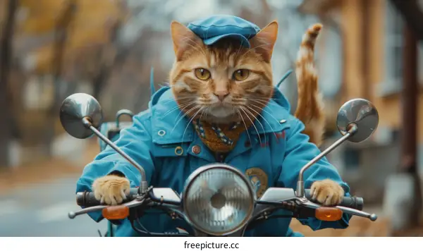 Ginger Cat Wearing Blue Uniform as Postman Riding a Motorcycle to Deliver Mail