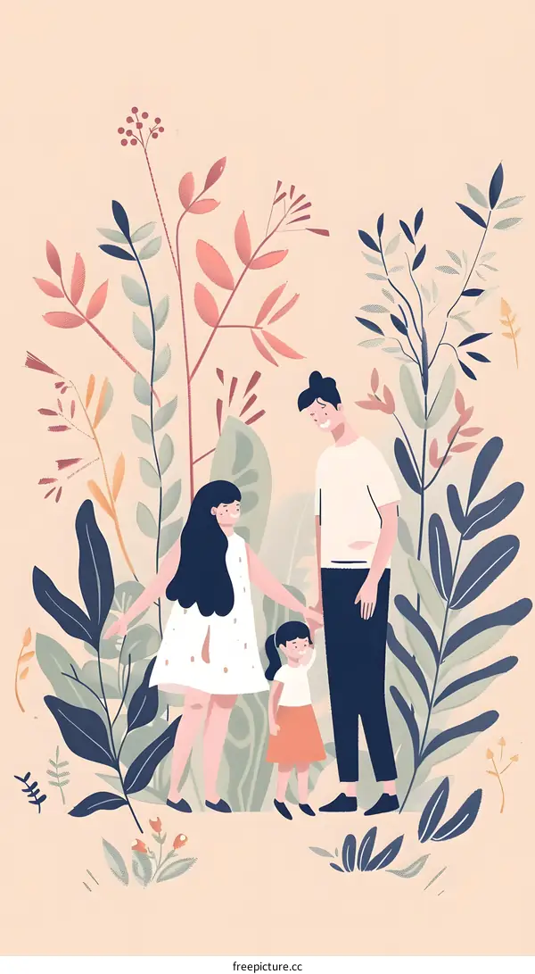 Family Portrait with Floral Background Illustration