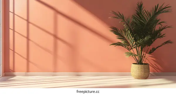 Minimalist Home Decor With a Palm Tree in a Woven Basket and Sunlight