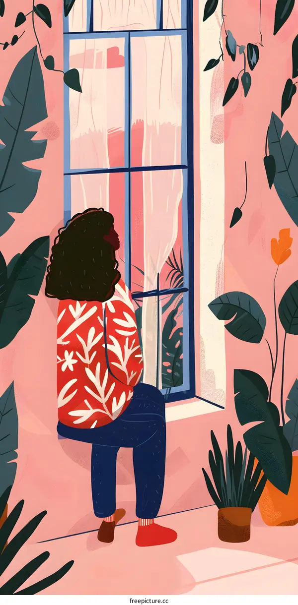 Woman in Red Shirt Looking Out Window