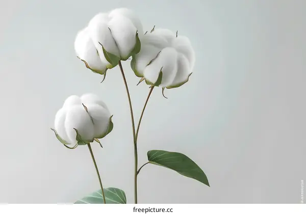 White Cotton Plant with Green Leaves on a White Background