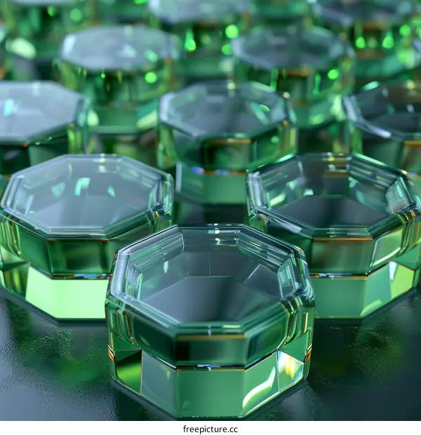 Green Hexagonal Crystals on a Reflective Surface