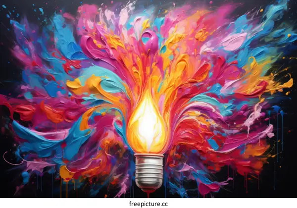 A light bulb with a colorful explosion of paint