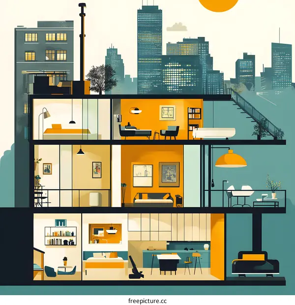 Cross Section View of Modern Apartment Building with City Skyline in Background