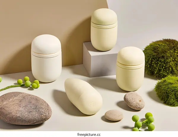 Minimalist Product Photography Of Cream Jars On White Background With Green Moss And Stones