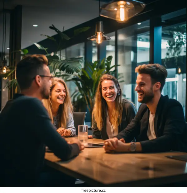 Four people are sitting around a table laughing