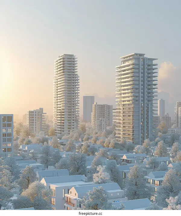 A Winter Cityscape with Snow-Covered Trees and Buildings