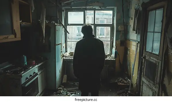 Man standing in a room with broken furniture