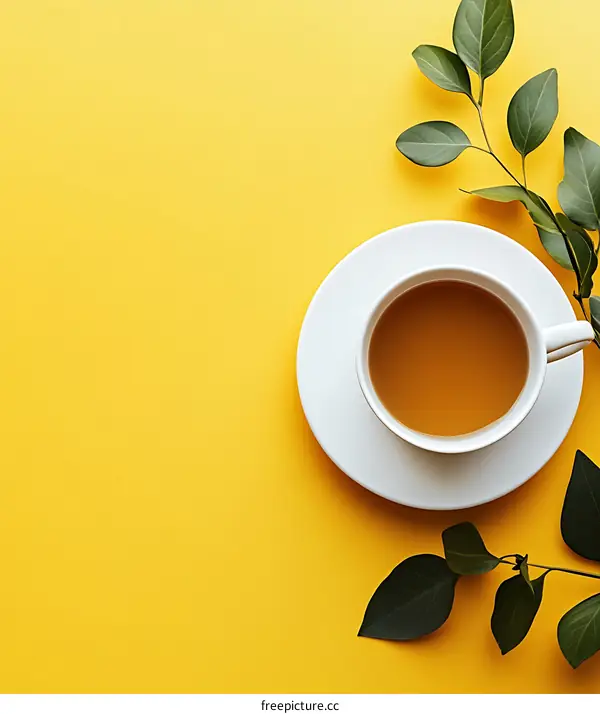 White Cup of Tea on Yellow Background With Green Leaves