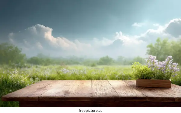 Wooden Tabletop with Spring Meadow Background