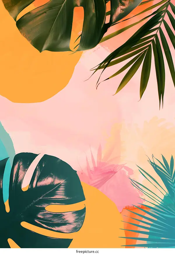 Tropical Leaf Abstract Background with Pink, Yellow and Green Colors