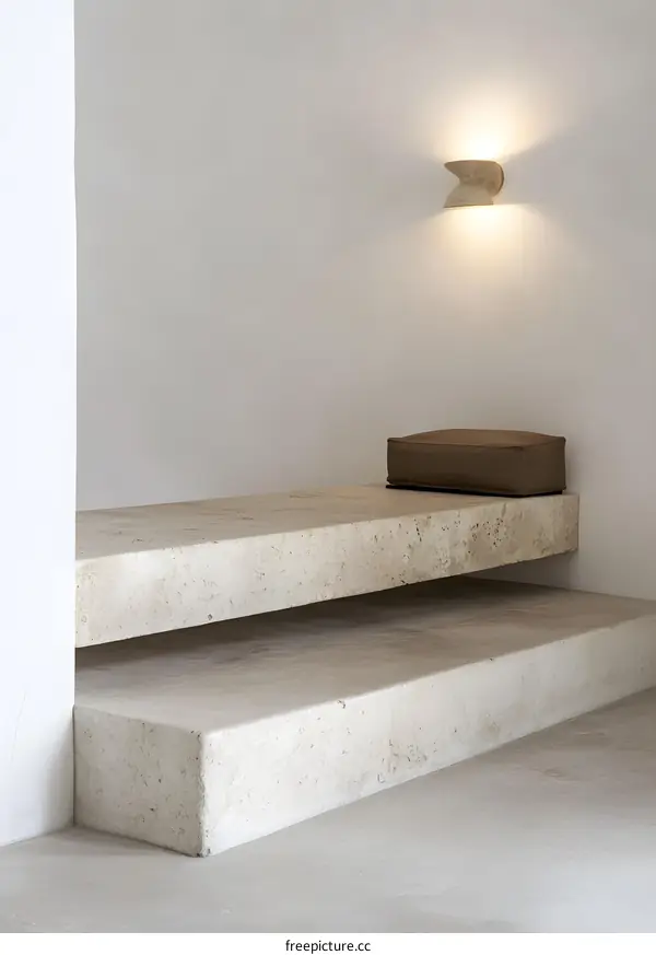 Minimalist Interior Design with Stone Steps and a Wall Lamp
