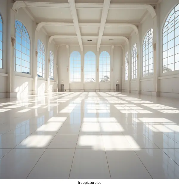 Large bright empty hall with shiny tiled floor and large windows