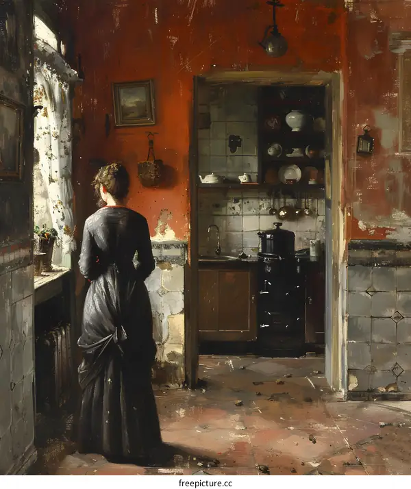 A woman standing in a kitchen looking out the window