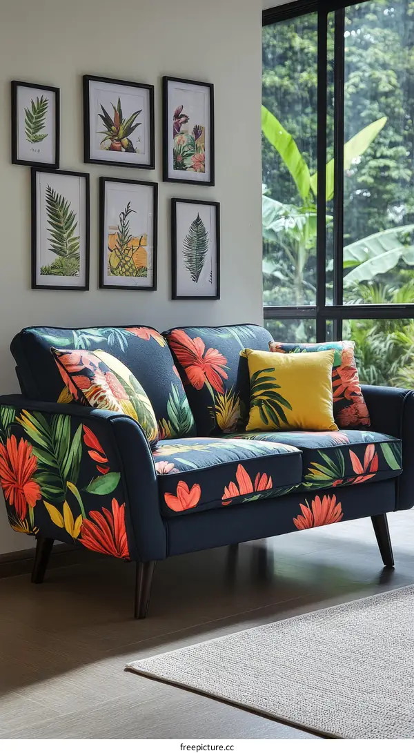 Stylish Tropical Print Sofa in a Modern Living Room