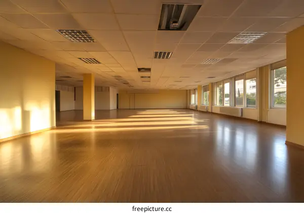 Empty Office Space With Wooden Floor And Windows