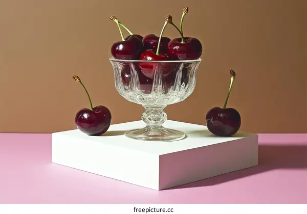 Still Life Arrangement of Cherries in Glass Bowl