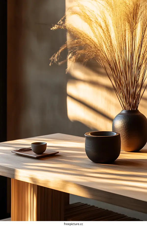 Minimalist Still Life with Dried Grass and Black Pottery on Wooden Table