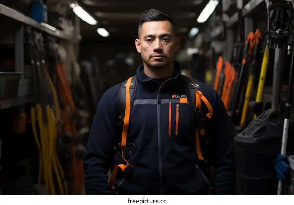 Portrait of a young man wearing a backpack in a warehouse