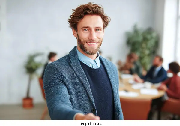 Businessman Extending Hand in Modern Office