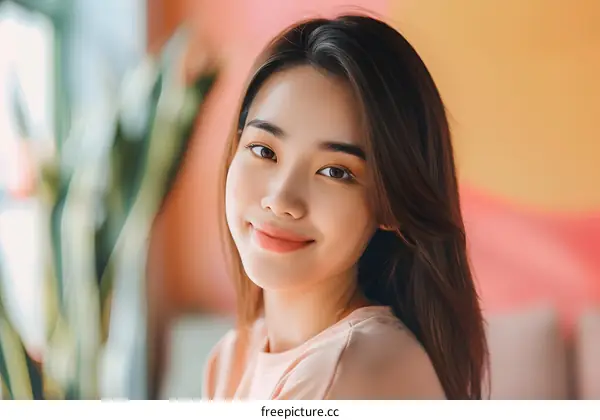 Portrait of a Beautiful Young Asian Woman with Long Brown Hair Smiling