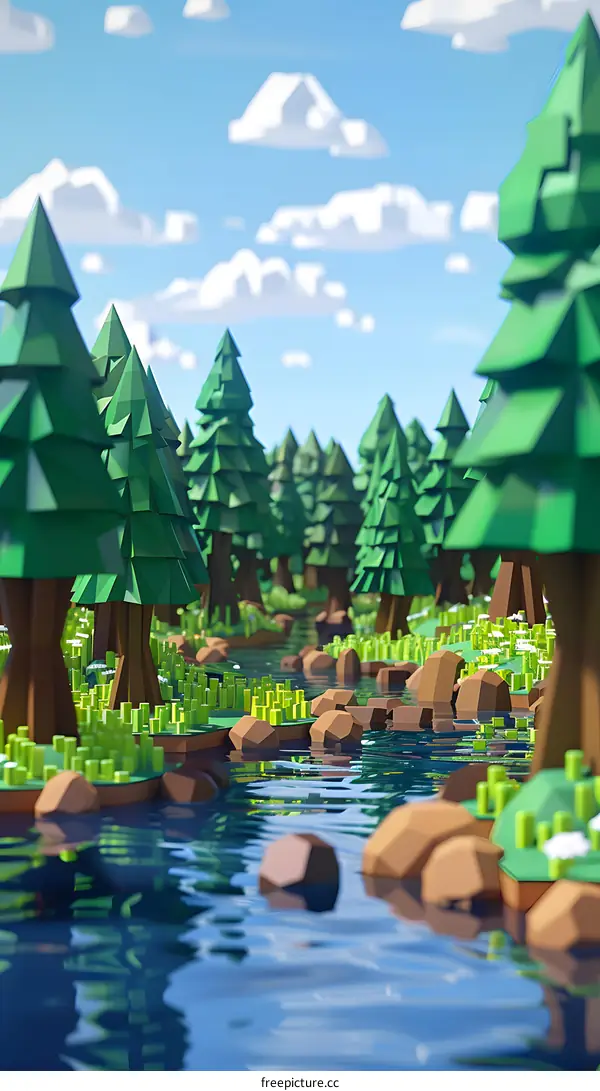 3D illustration of a river flowing through a forest