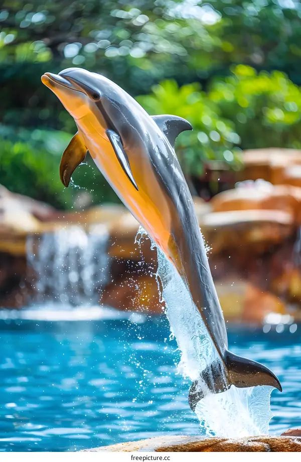 A bottlenose dolphin leaps out of the water at a marine park.