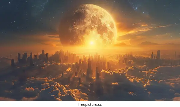 The moon is rising above the city